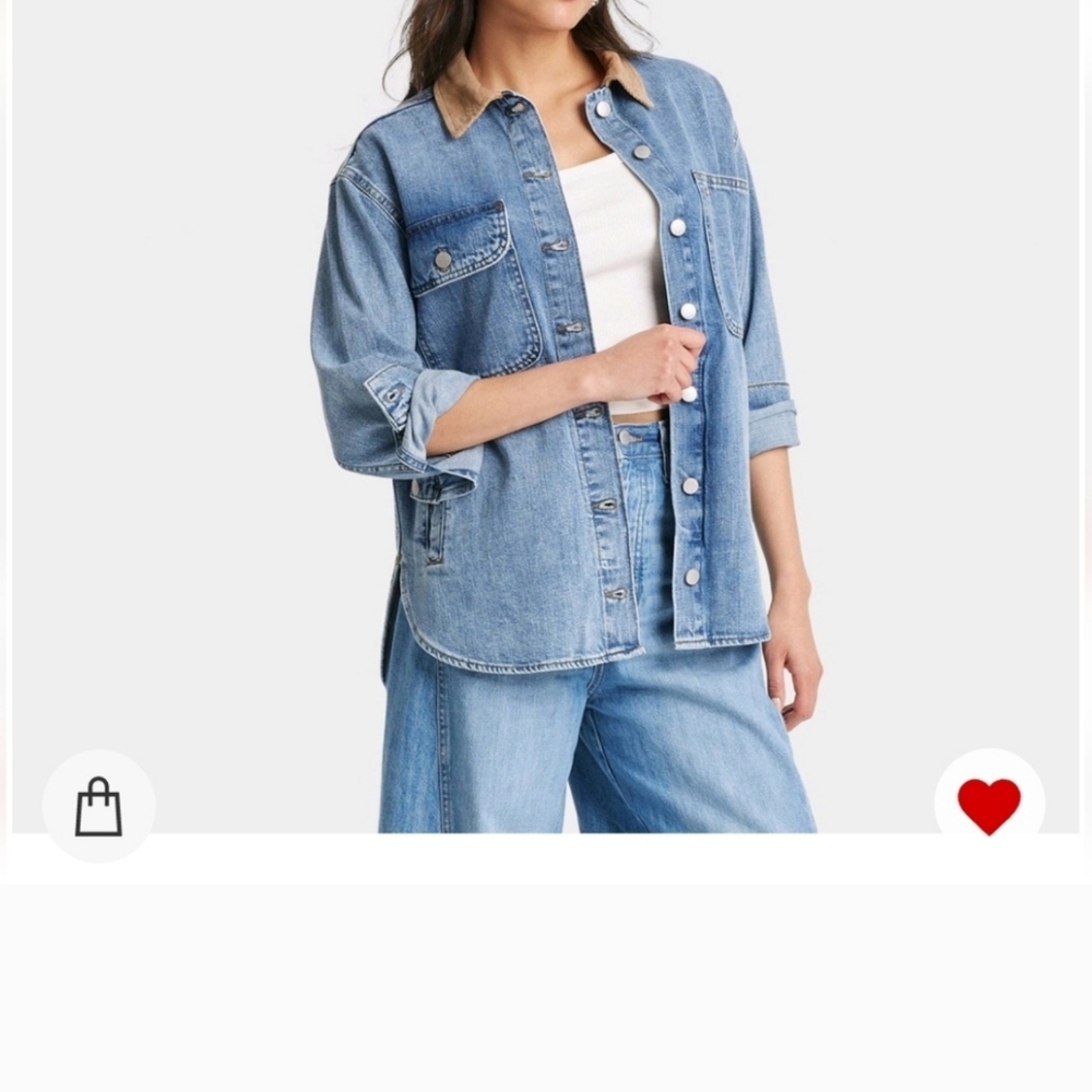 Denim Button-Up Shirt with Tan Collar